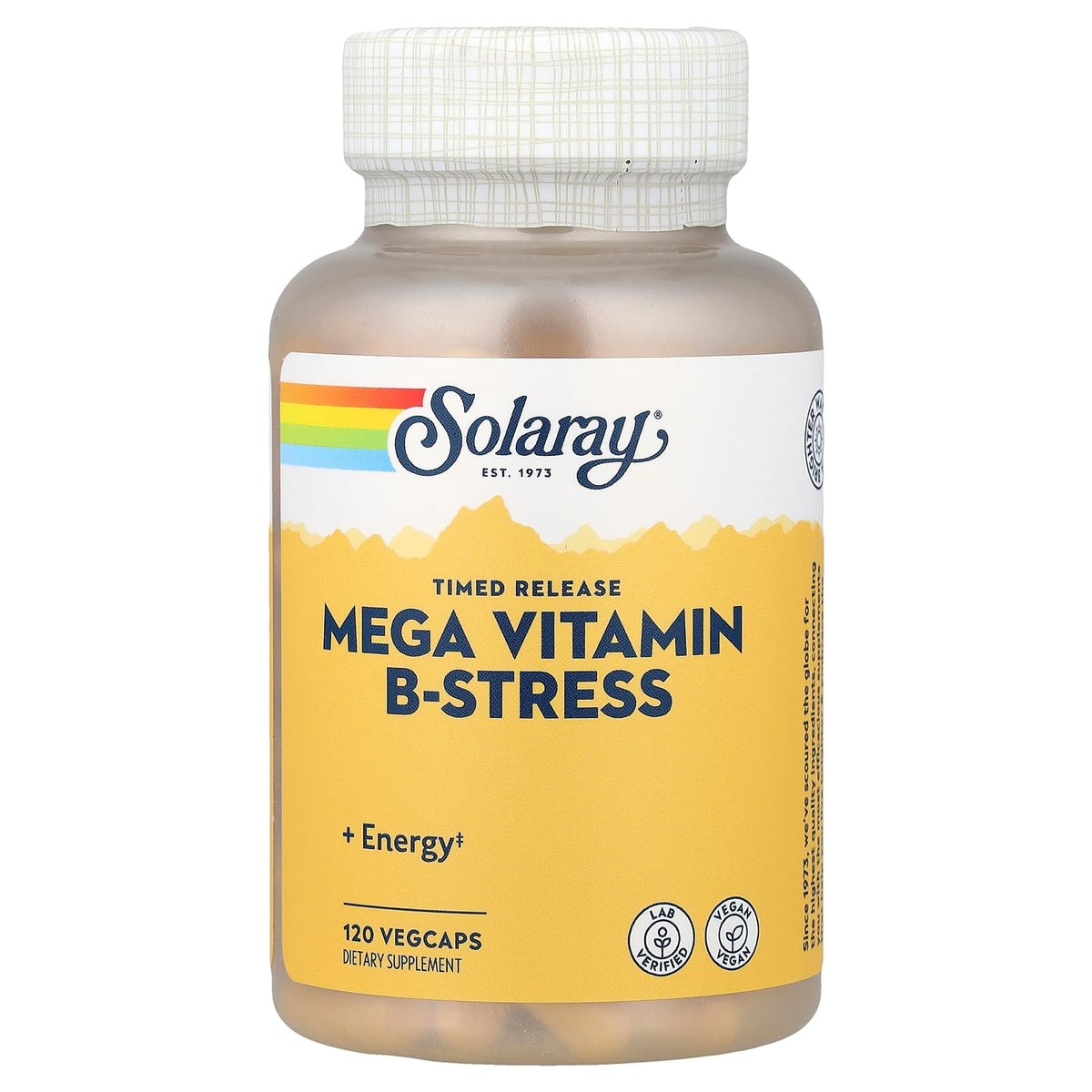 Solaray Mega B Stress bottle top view with capsules and label highlighting two-stage release