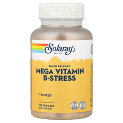 Solaray Mega B Stress bottle top view with capsules and label highlighting two-stage release