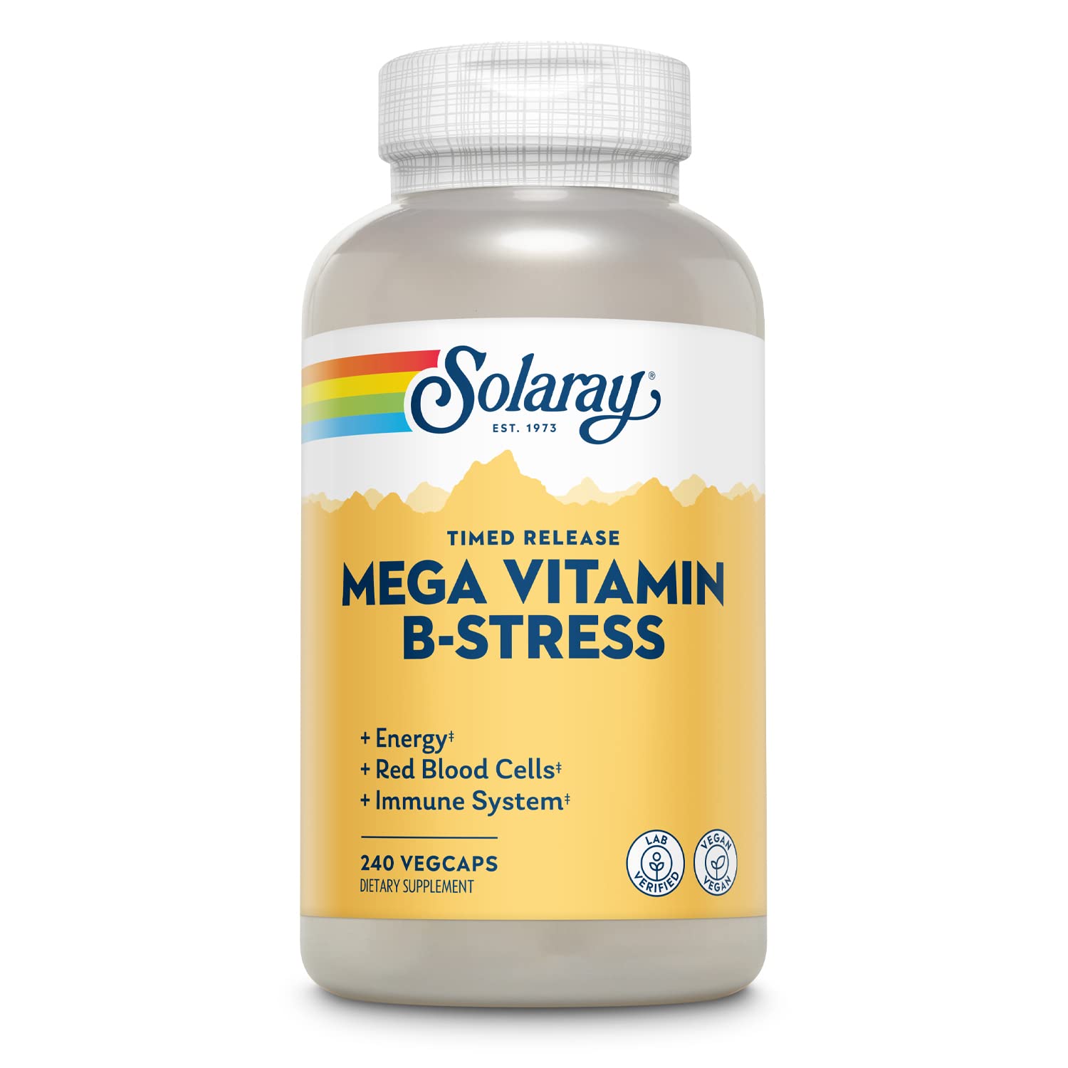 SOLARAY Mega Vitamin B-Stress bottle label highlights high-potency B vitamins for energy support.