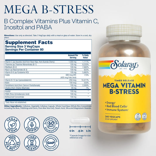 SOLARAY Mega Vitamin B-Stress bottle pour shows easy daily dosing.