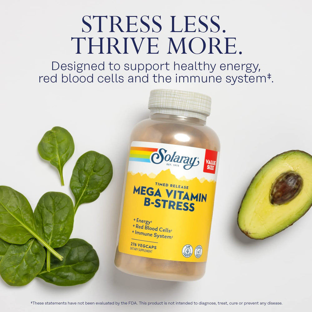 SOLARAY Mega Vitamin B-Stress label with complete ingredient details