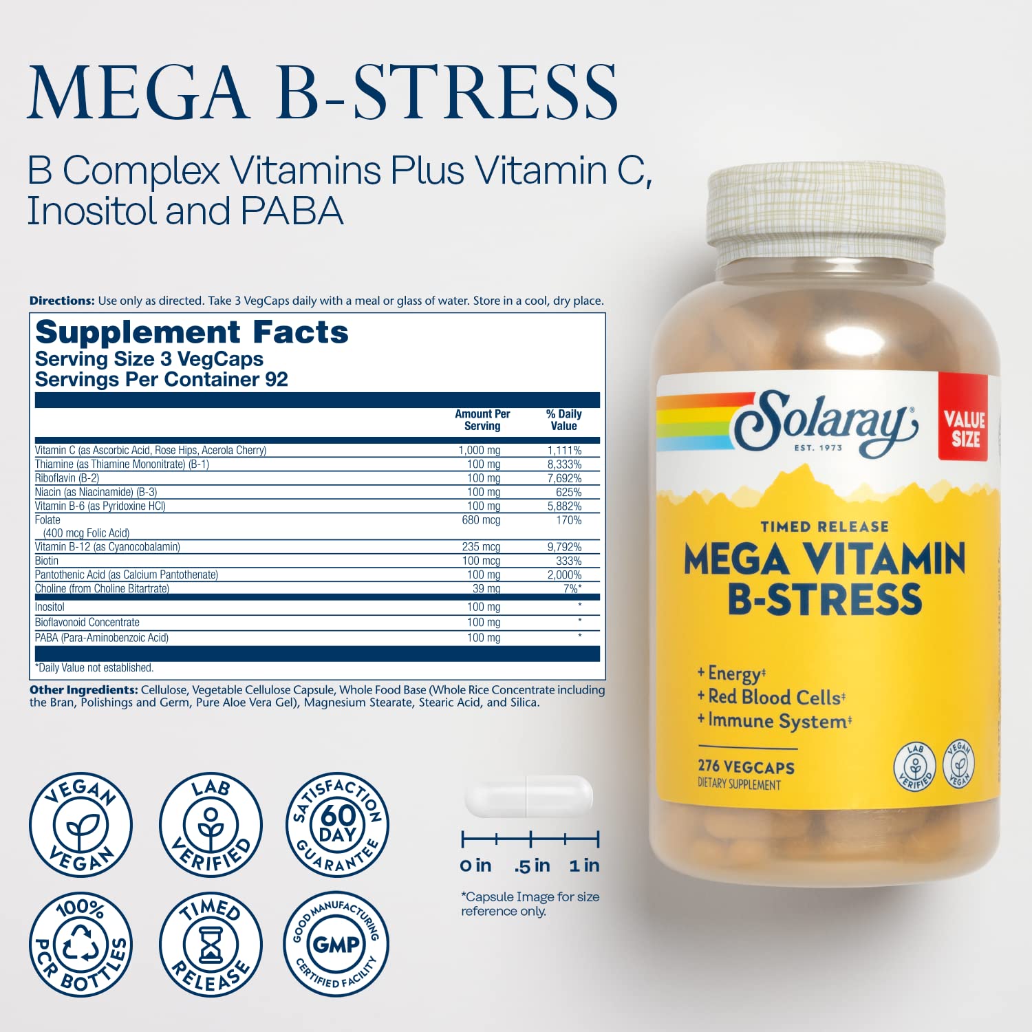 SOLARAY Mega Vitamin B-Stress tablet closeup shows potent B vitamins
