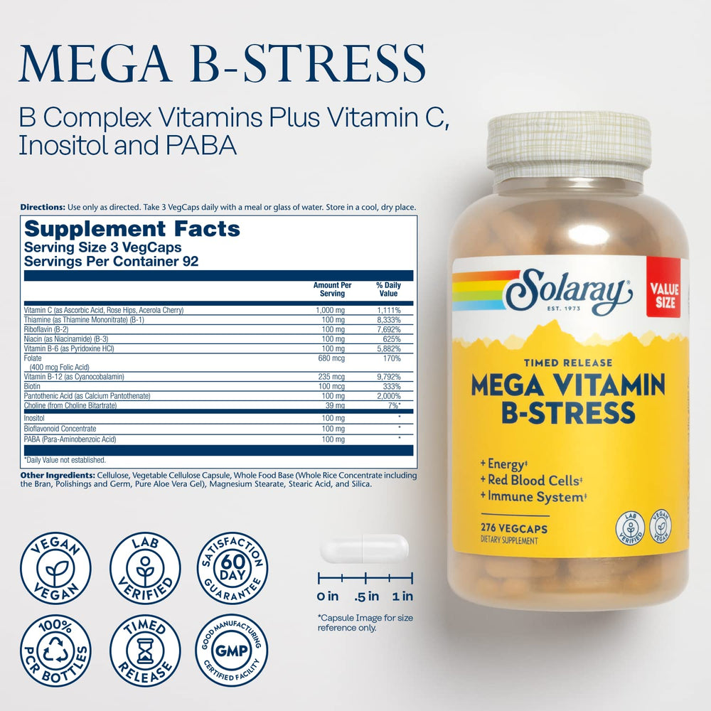SOLARAY Mega Vitamin B-Stress tablet closeup shows potent B vitamins