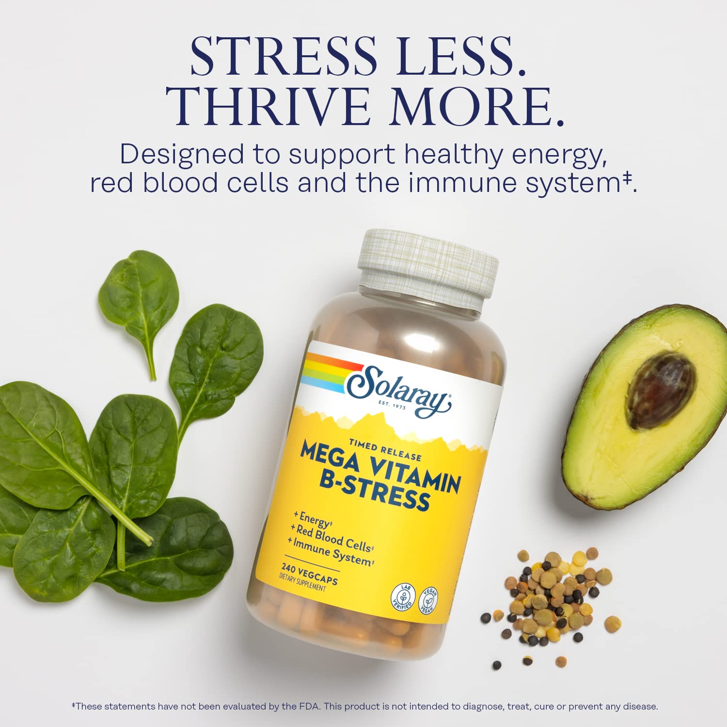 SOLARAY Mega Vitamin B-Stress tablets close-up emphasizes B vitamins for resilience.