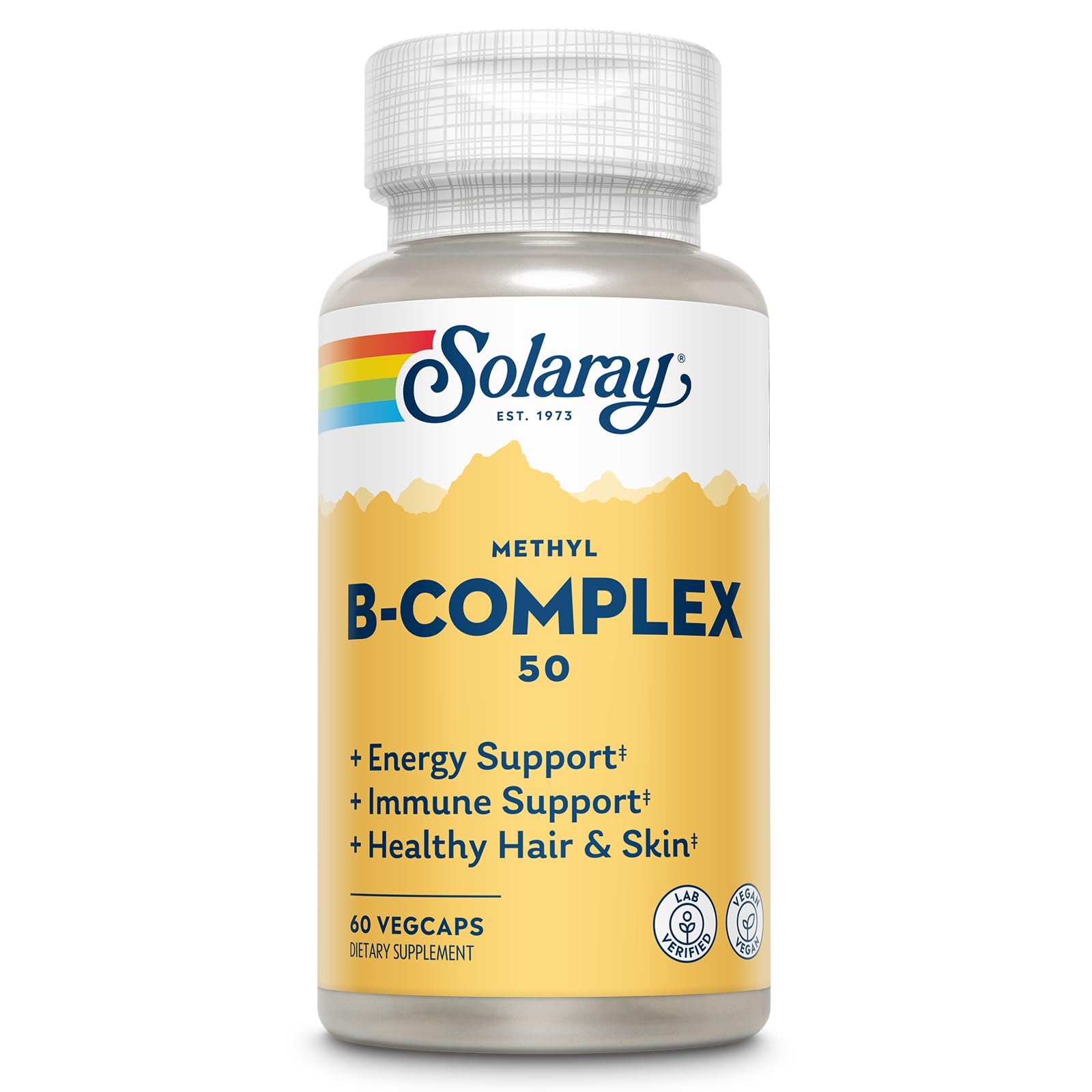 SOLARAY Methyl B Complex 50mg bottle with capsules supports energy metabolism and nerve health.
