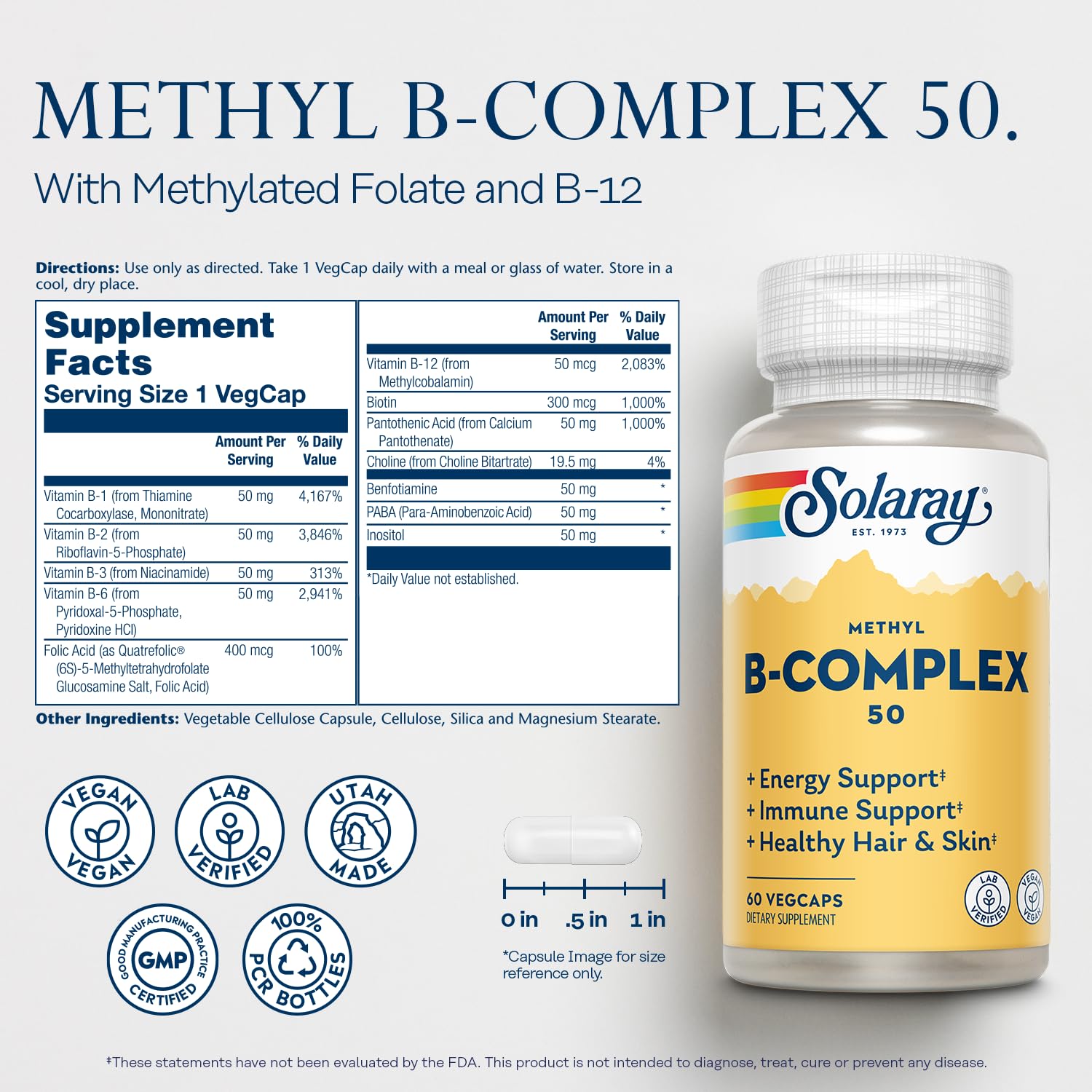 SOLARAY Methyl B Complex capsules shown for easy, vegan-friendly daily supplementation.