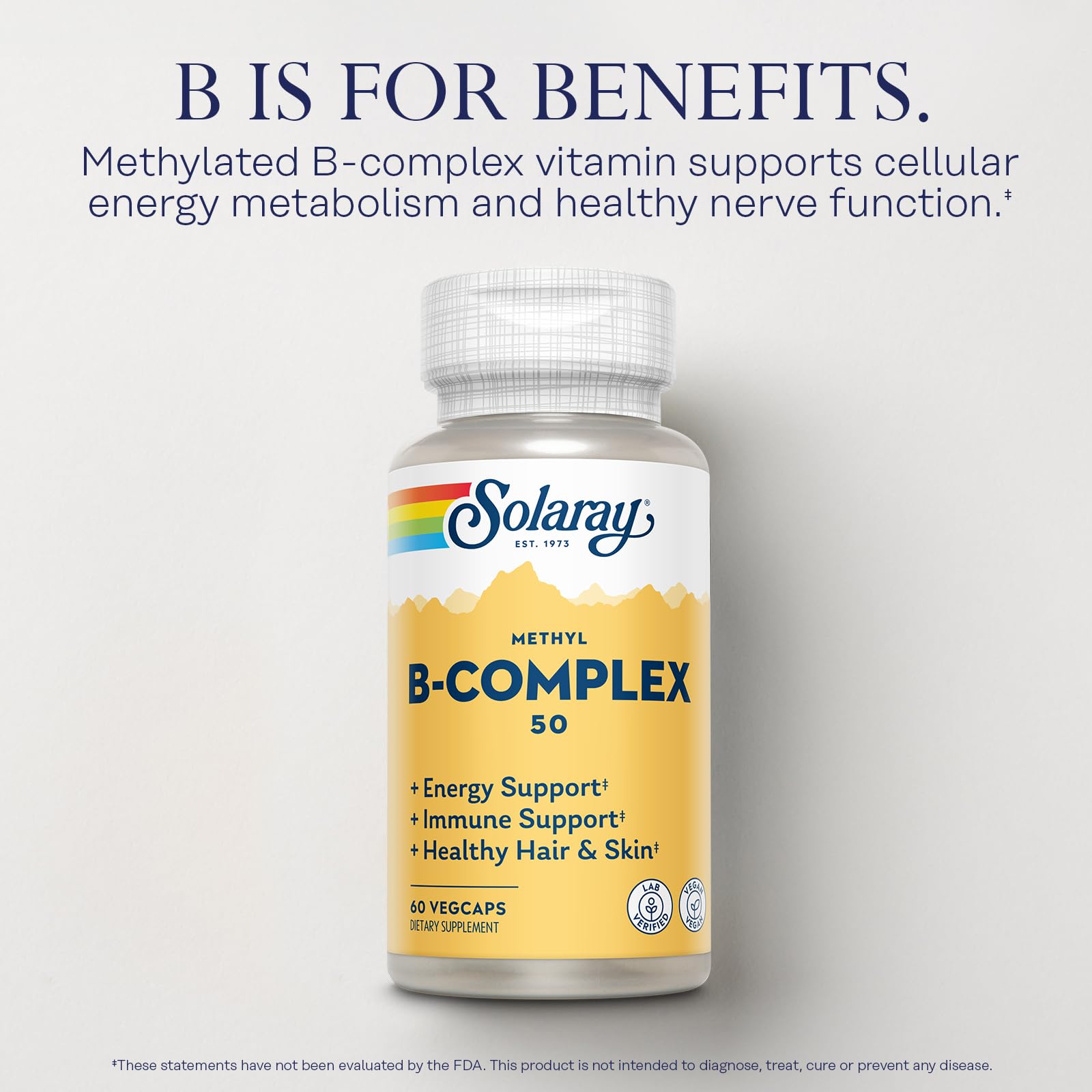 SOLARAY Methyl B Complex label close-up highlights methylated B vitamins.