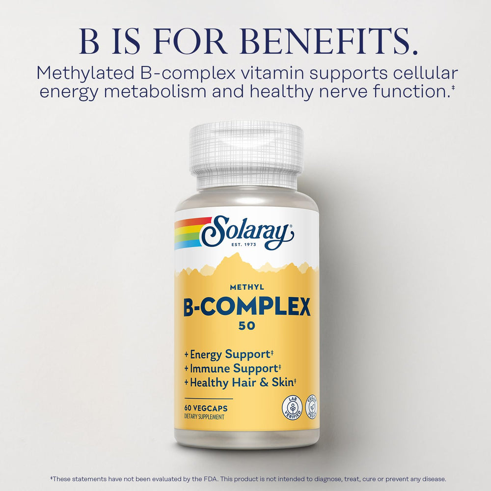 SOLARAY Methyl B Complex label close-up highlights methylated B vitamins.