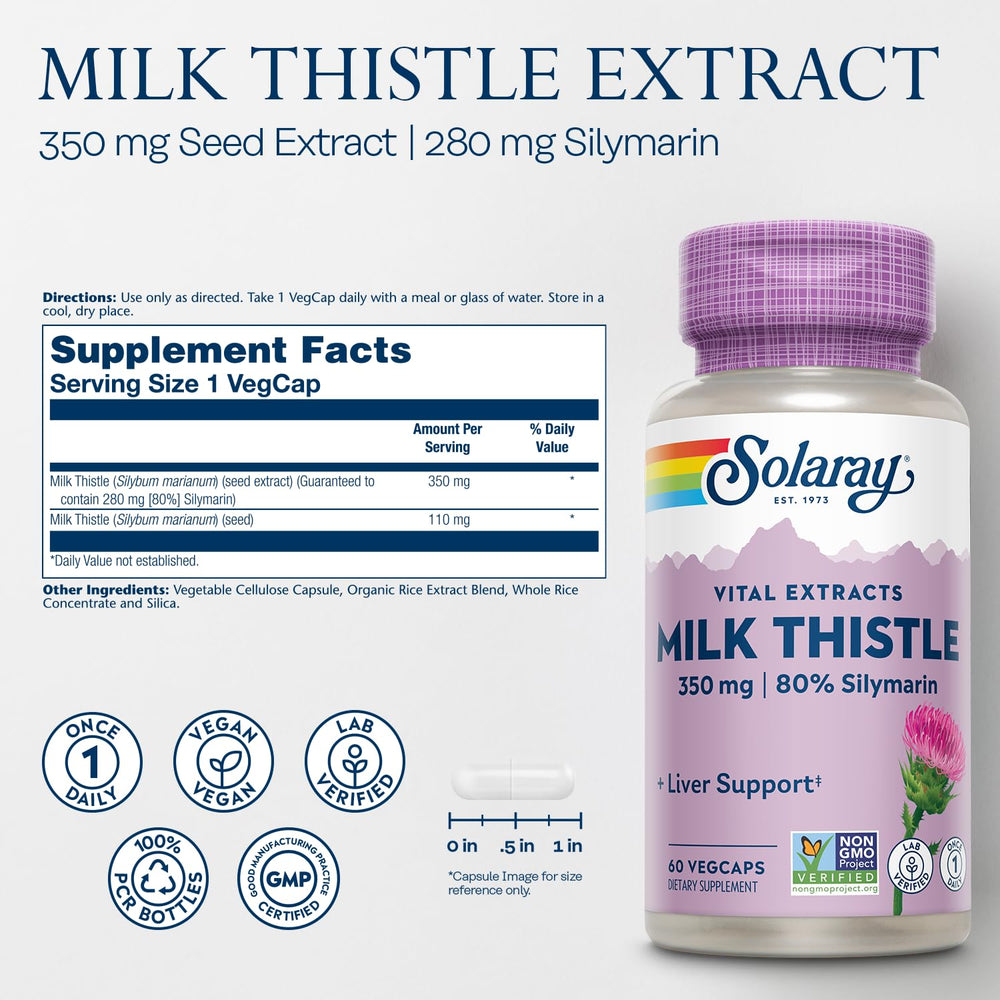 SOLARAY Milk Thistle VegCaps ready for easy daily use.