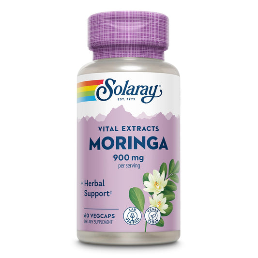 SOLARAY Moringa capsules bottle front, vegan wellness supplement.