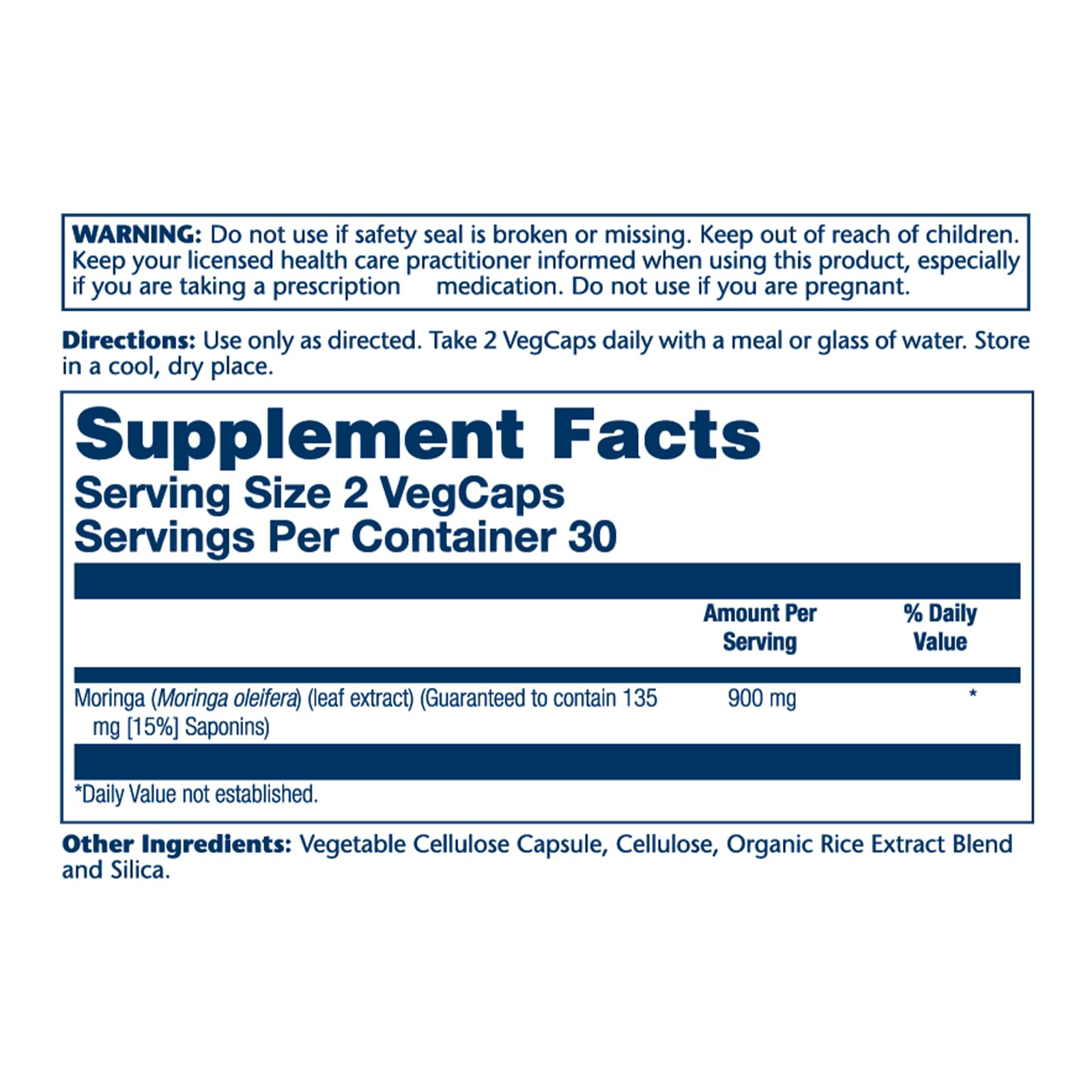 SOLARAY Moringa capsules close-up showing 900 mg extract.