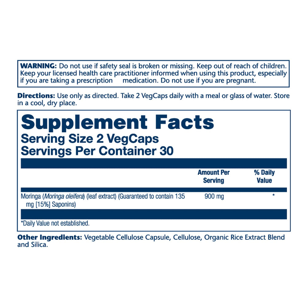 SOLARAY Moringa capsules close-up showing 900 mg extract.