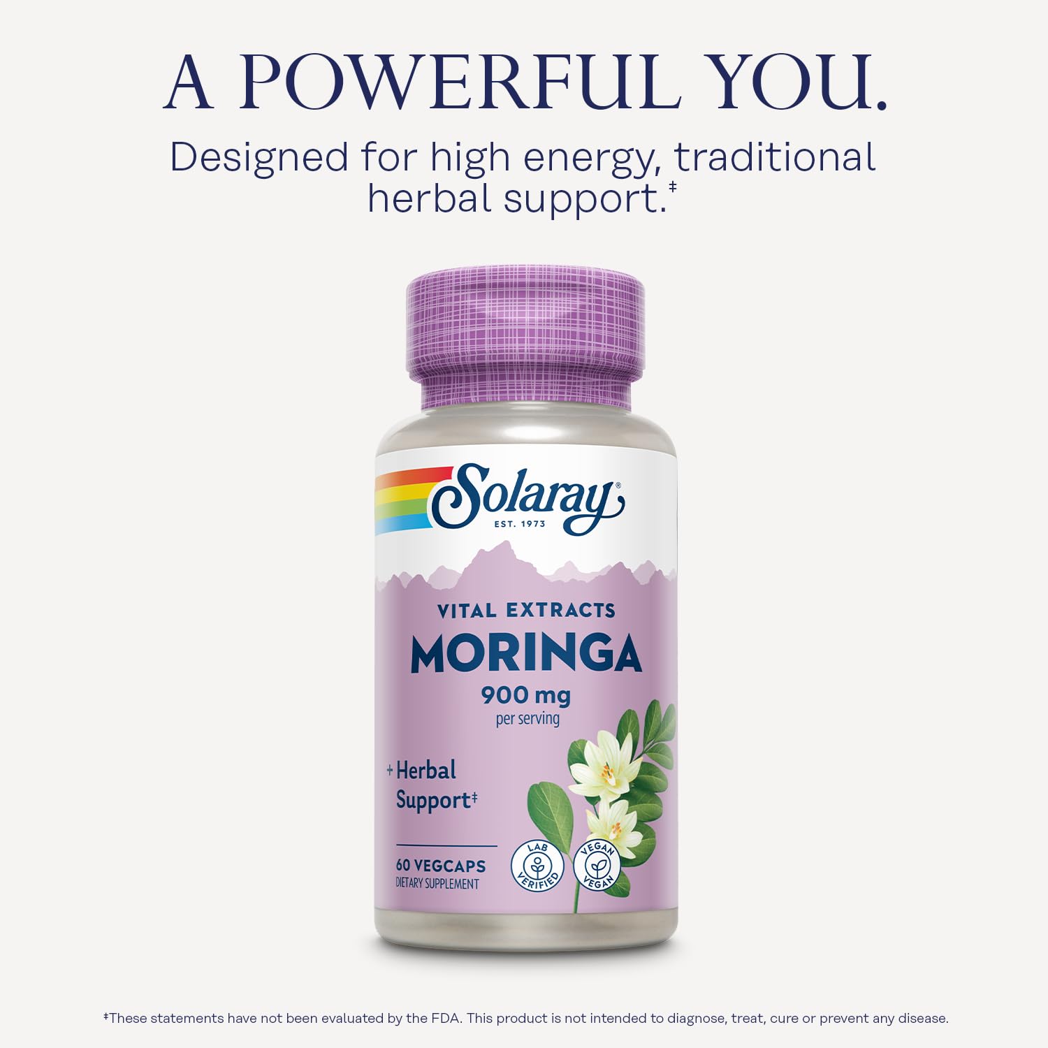 SOLARAY Moringa capsules label detail highlighting vegan formula and quality testing.