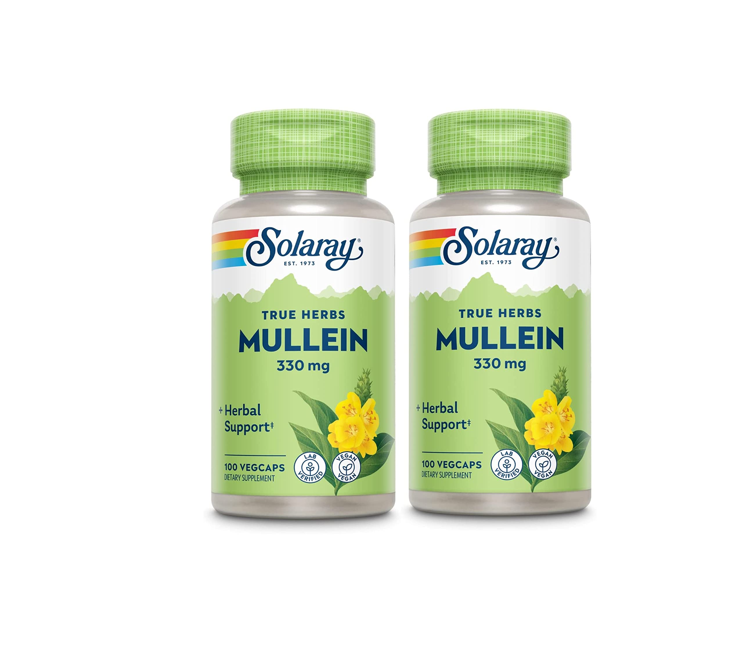 SOLARAY Mullein Leaf bottle front, vegan respiratory support supplement.