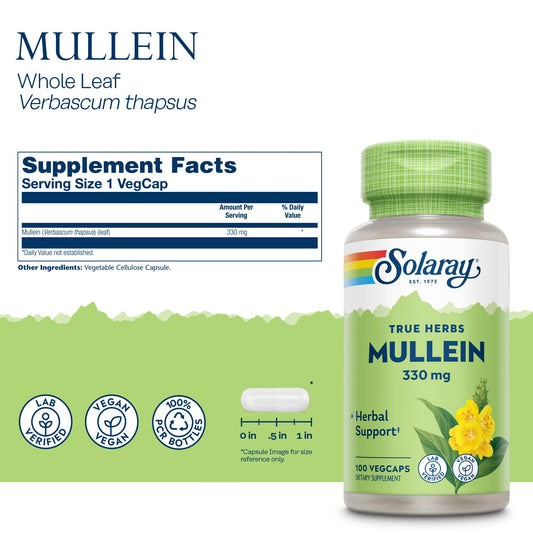 SOLARAY Mullein Leaf capsules closeup, plant-based bronchial wellness.