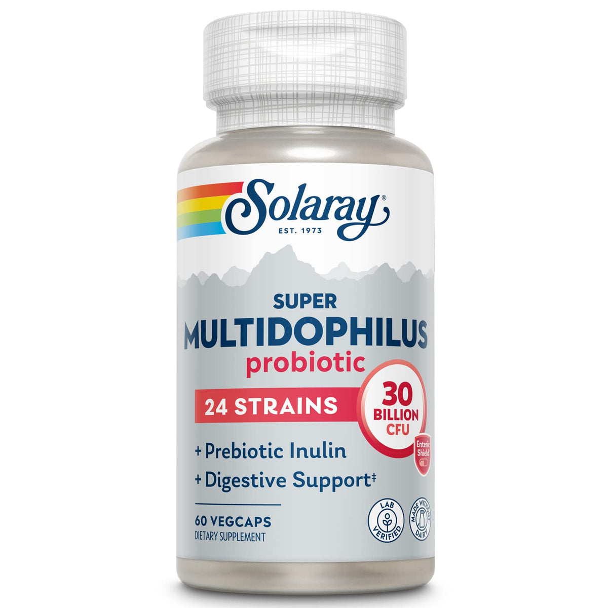 Solaray Multidophilus bottle displaying 24 strains for daily gut balance.