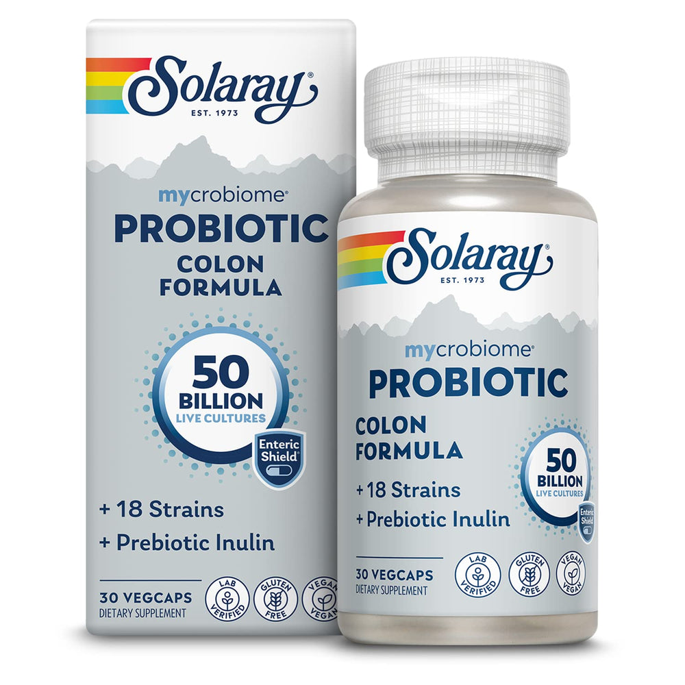 SOLARAY Mycrobiome bottle front view showing vegan probiotic formula for daily gut balance.