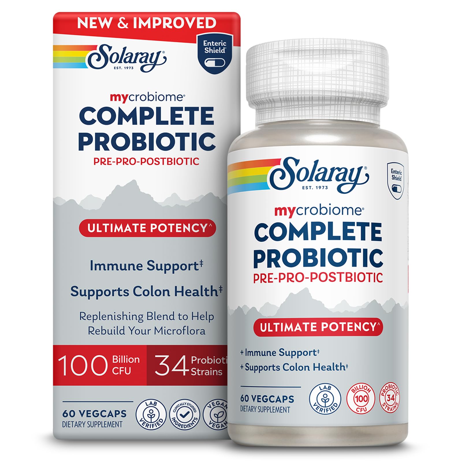 SOLARAY Mycrobiome bottle label showcases 100B CFU across 34 strains for daily support.