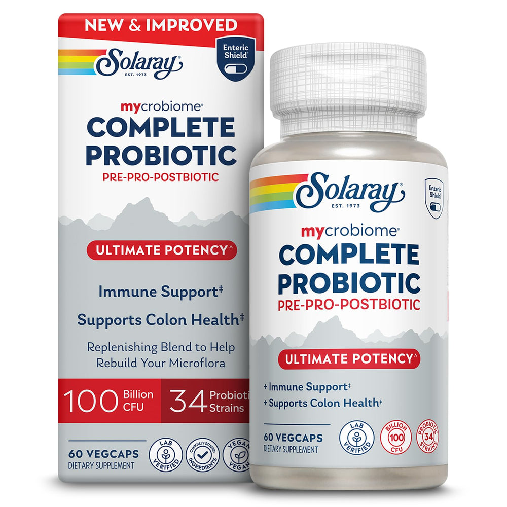 SOLARAY Mycrobiome bottle label showcases 100B CFU across 34 strains for daily support.