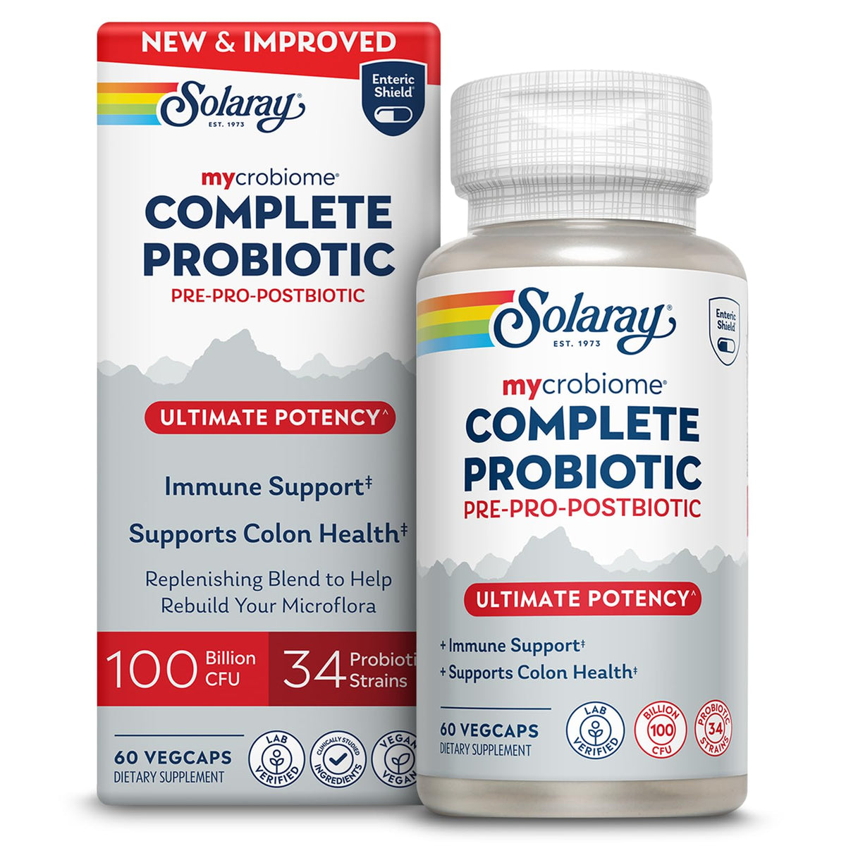 SOLARAY Mycrobiome bottle label showcases 100B CFU across 34 strains for daily support.
