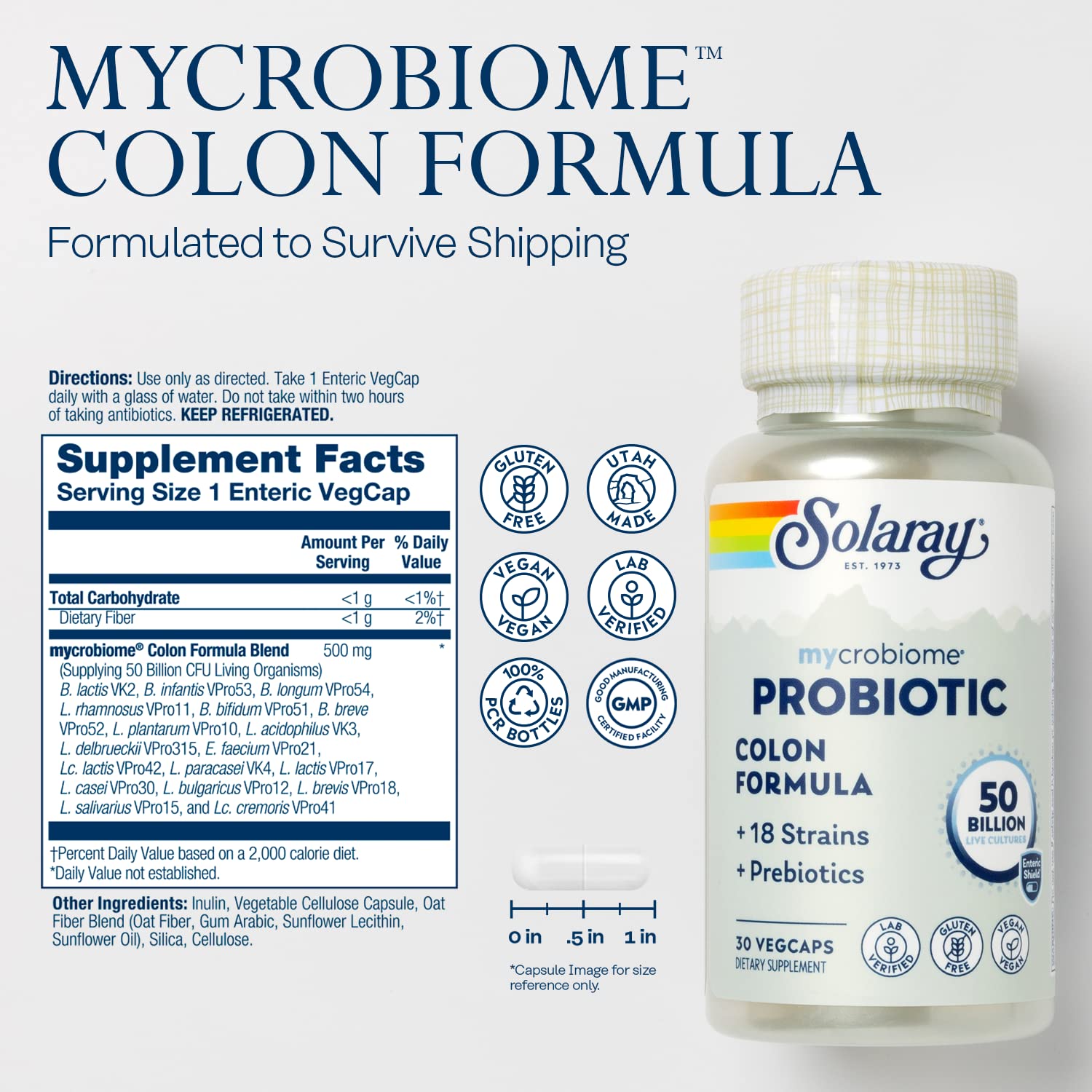 SOLARAY Mycrobiome bottle-label detail highlighting 50B CFU and 18 strains for versatility.