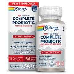 SOLARAY Mycrobiome bottle label showcases 100B CFU across 34 strains for daily support.