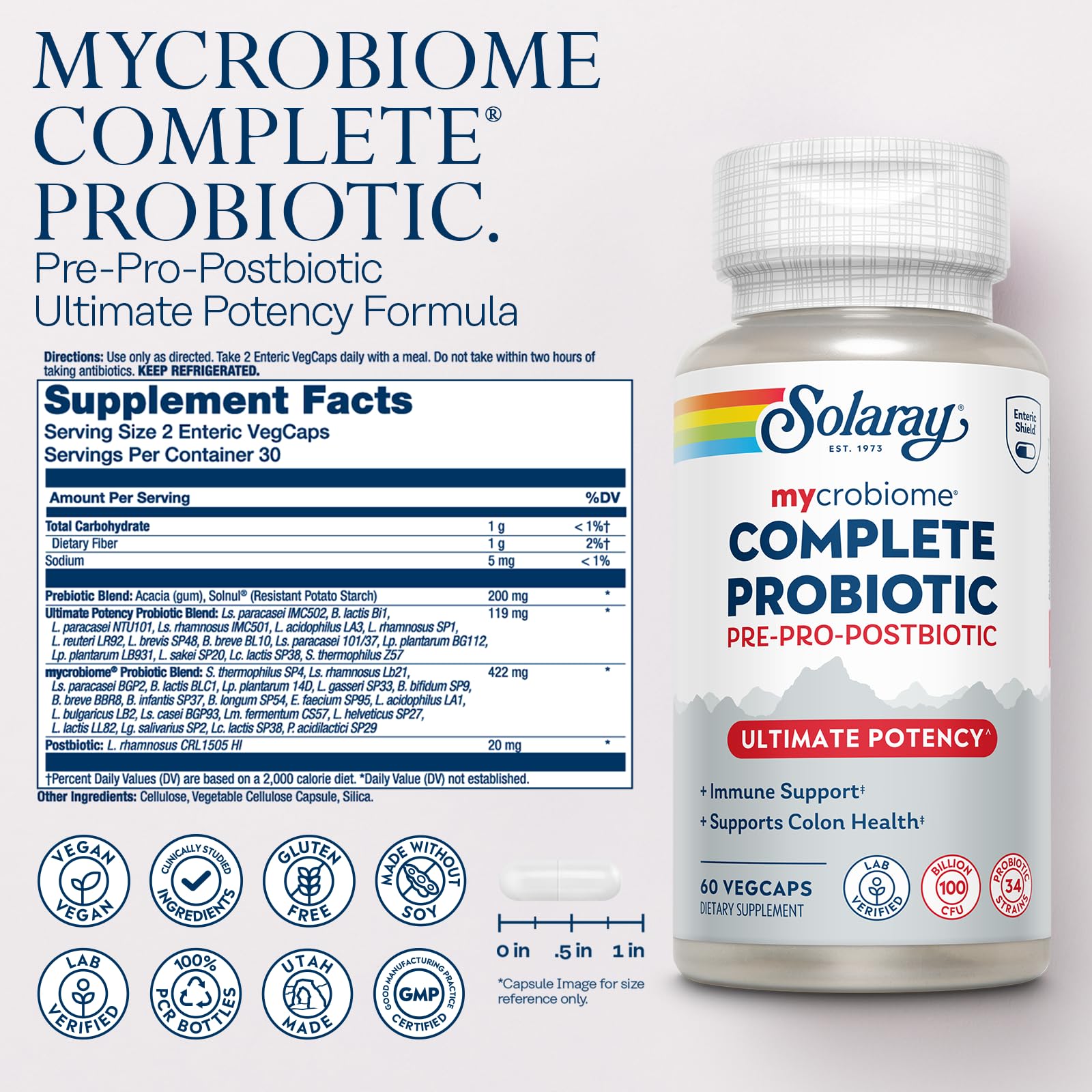 SOLARAY Mycrobiome capsules closeup highlights easy-to-swallow VegCaps for everyday use.