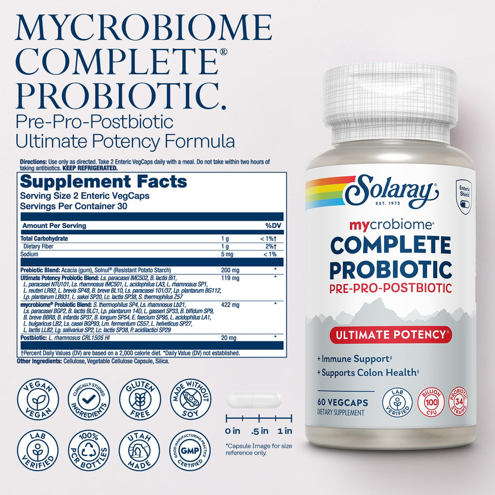 SOLARAY Mycrobiome capsules closeup highlights easy-to-swallow VegCaps for everyday use.