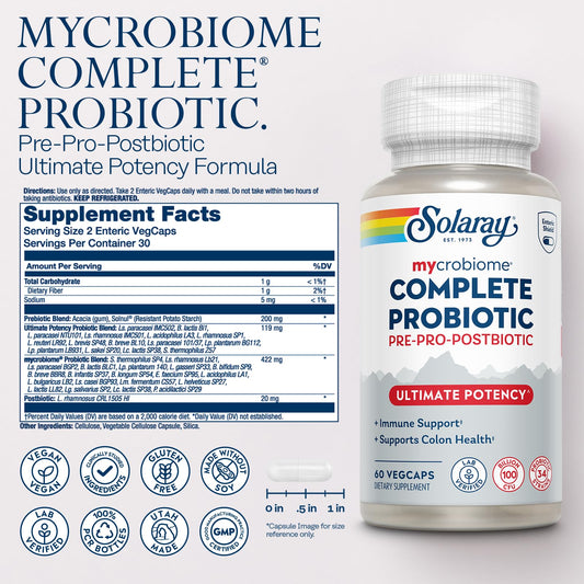 SOLARAY Mycrobiome capsules closeup highlights easy-to-swallow VegCaps for everyday use.
