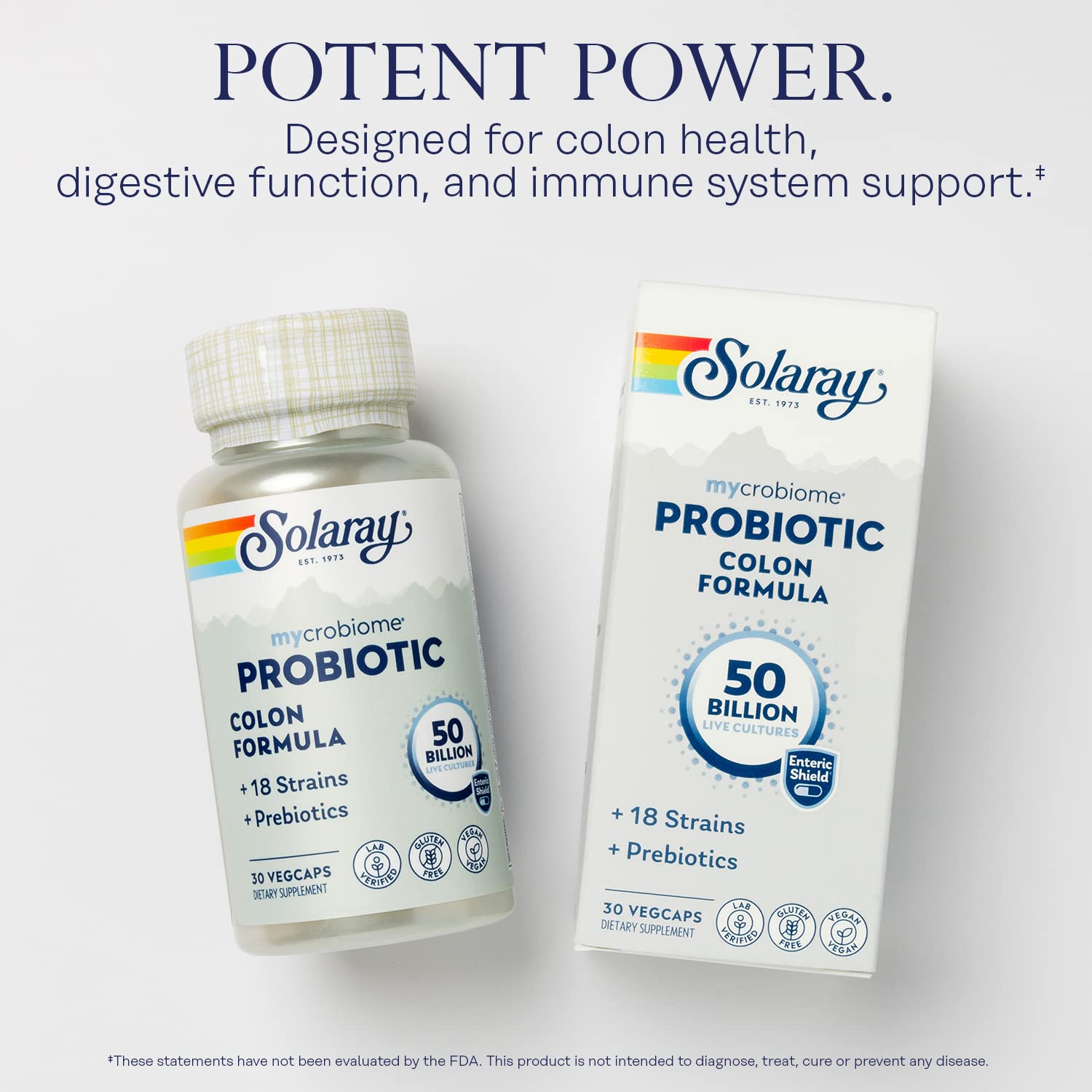 SOLARAY Mycrobiome capsules closeup showing vegan capsules designed for easy swallowing.