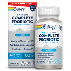 SOLARAY Mycrobiome Complete Probiotic bottle supports men's gut health and vitality.