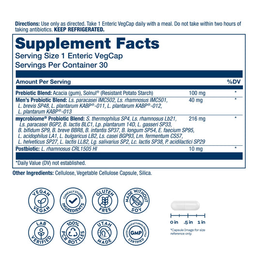 SOLARAY Mycrobiome Complete Probiotic capsules designed for daily men's use.