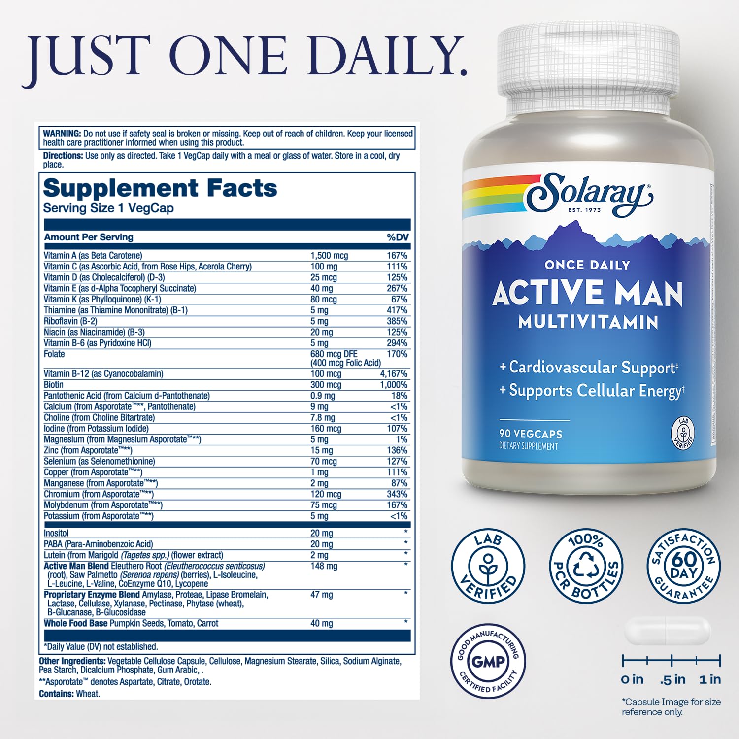 SOLARAY Once Daily Active Man label close-up showing D3, C, B vitamins and zinc.