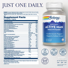 SOLARAY Once Daily Active Man label close-up showing D3, C, B vitamins and zinc.