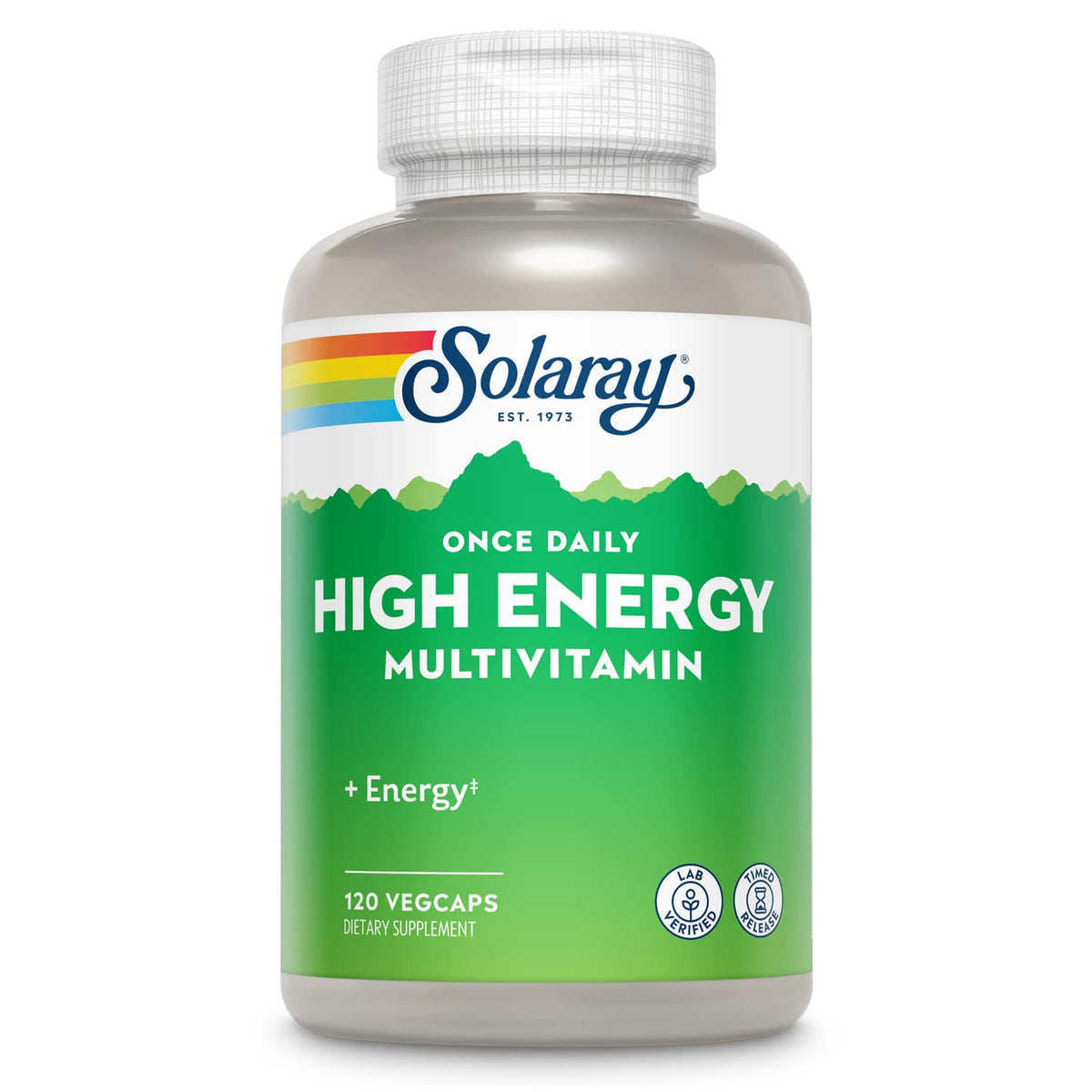 Solaray Once Daily High Energy Multivitamin bottle highlighting convenient daily vitality support.
