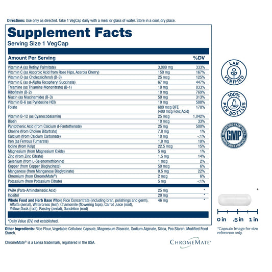 SOLARAY Once Daily multivitamin bottle back label detailing nutrients and usage