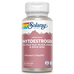 SOLARAY Once Daily Phytoestrogen bottle shows the product as part of a daily routine for hormonal balance support