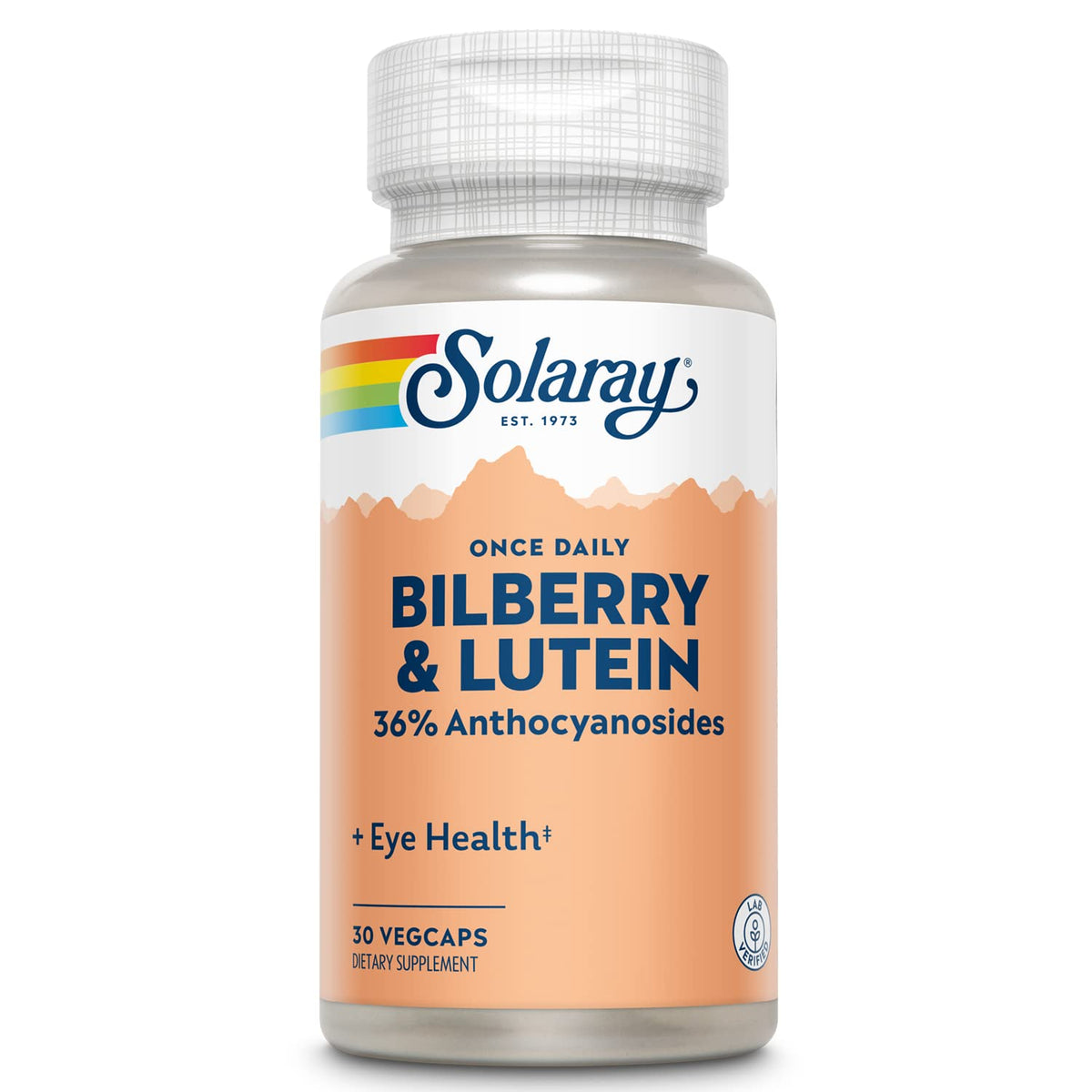 SOLARAY One Daily Bilberry and Lutein label close-up highlighting purity and quality
