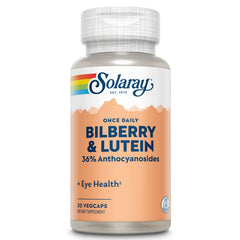 SOLARAY One Daily Bilberry and Lutein label close-up highlighting purity and quality