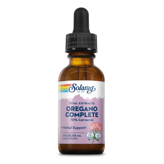 SOLARAY oregano leaf extract drops with a precise dropper for easy dosing.