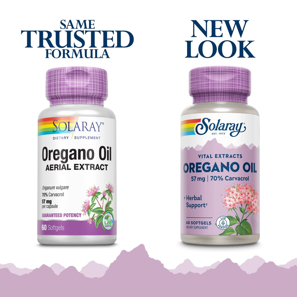 SOLARAY oregano oil softgels packaging highlights eco-friendly recycled resin.