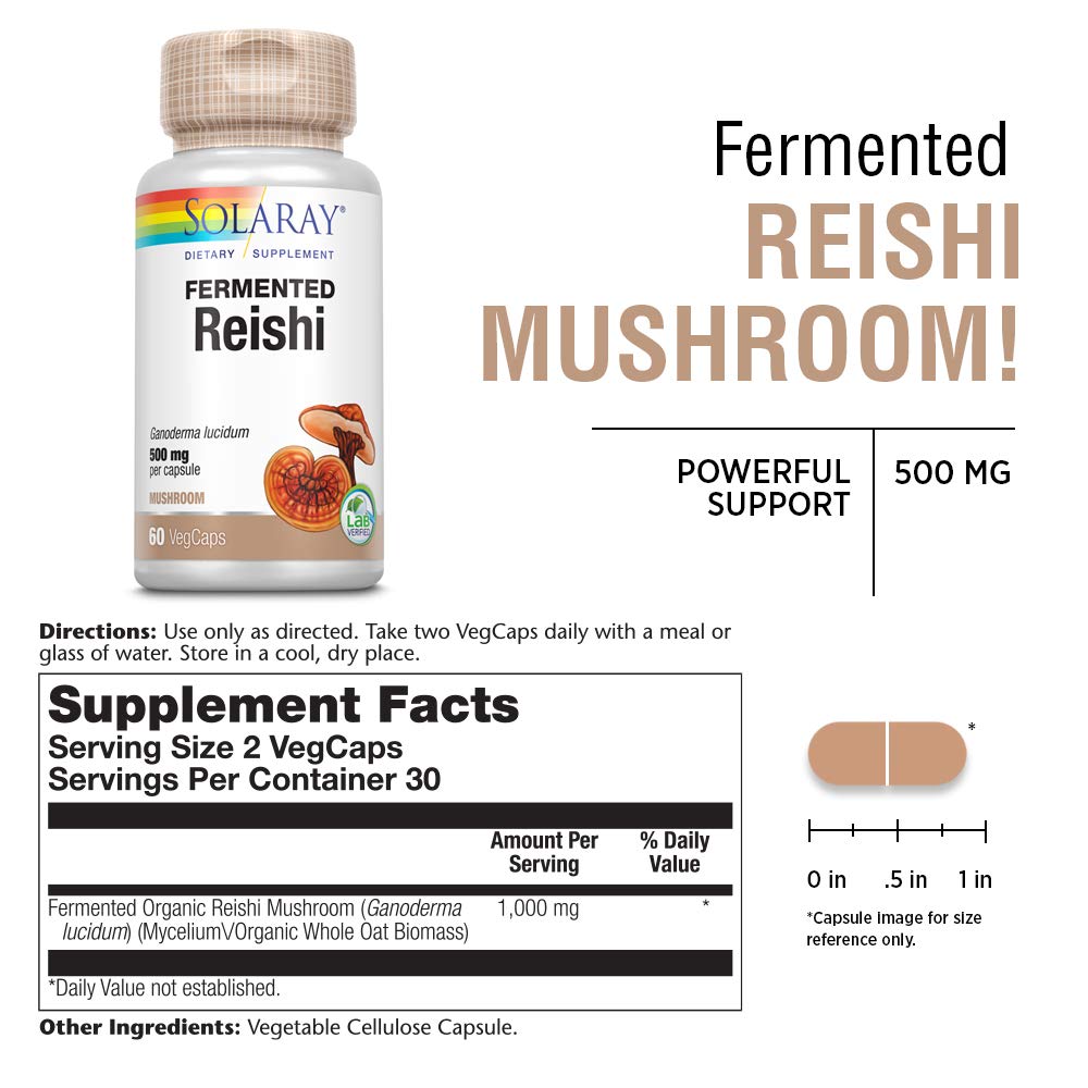 Label view of Solaray organically grown reishi emphasizing purity and organic farming