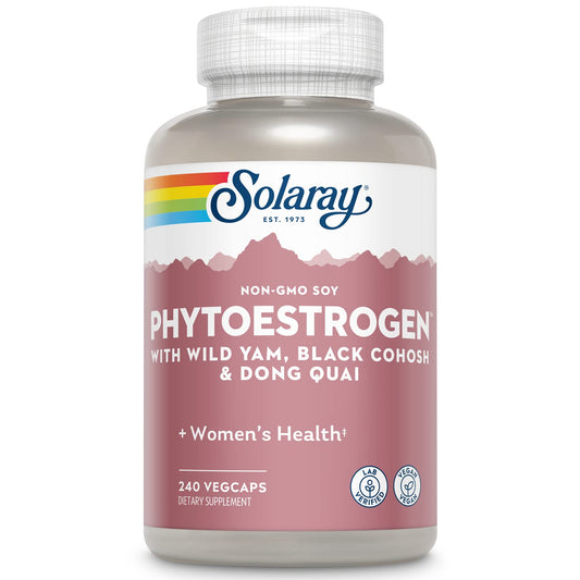 SOLARAY PhytoEstrogen bottle view highlighting vegan menopause support and eco-friendly packaging.