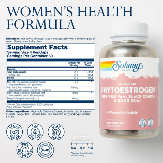 SOLARAY PhytoEstrogen capsule closeup showing plant-based ingredients for estrogen balance.