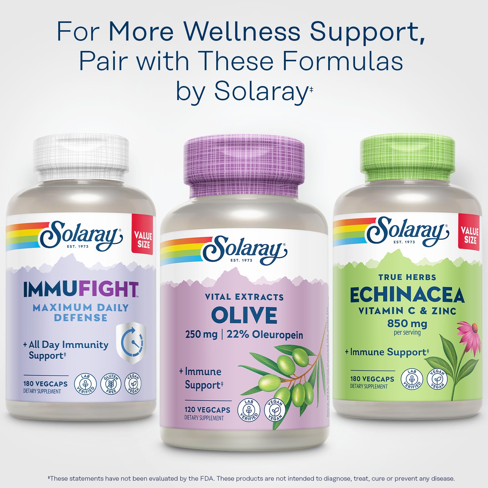 SOLARAY recycled bottle emphasizes sustainable packaging and eco commitment.