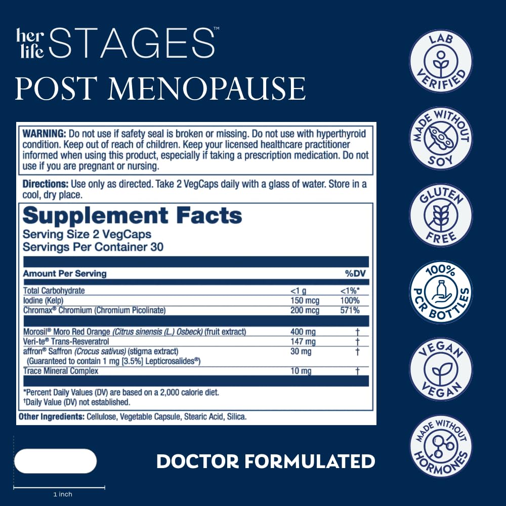 SOLARAY Postmenopause Life Stages with iron and resveratrol supports cognitive wellness.