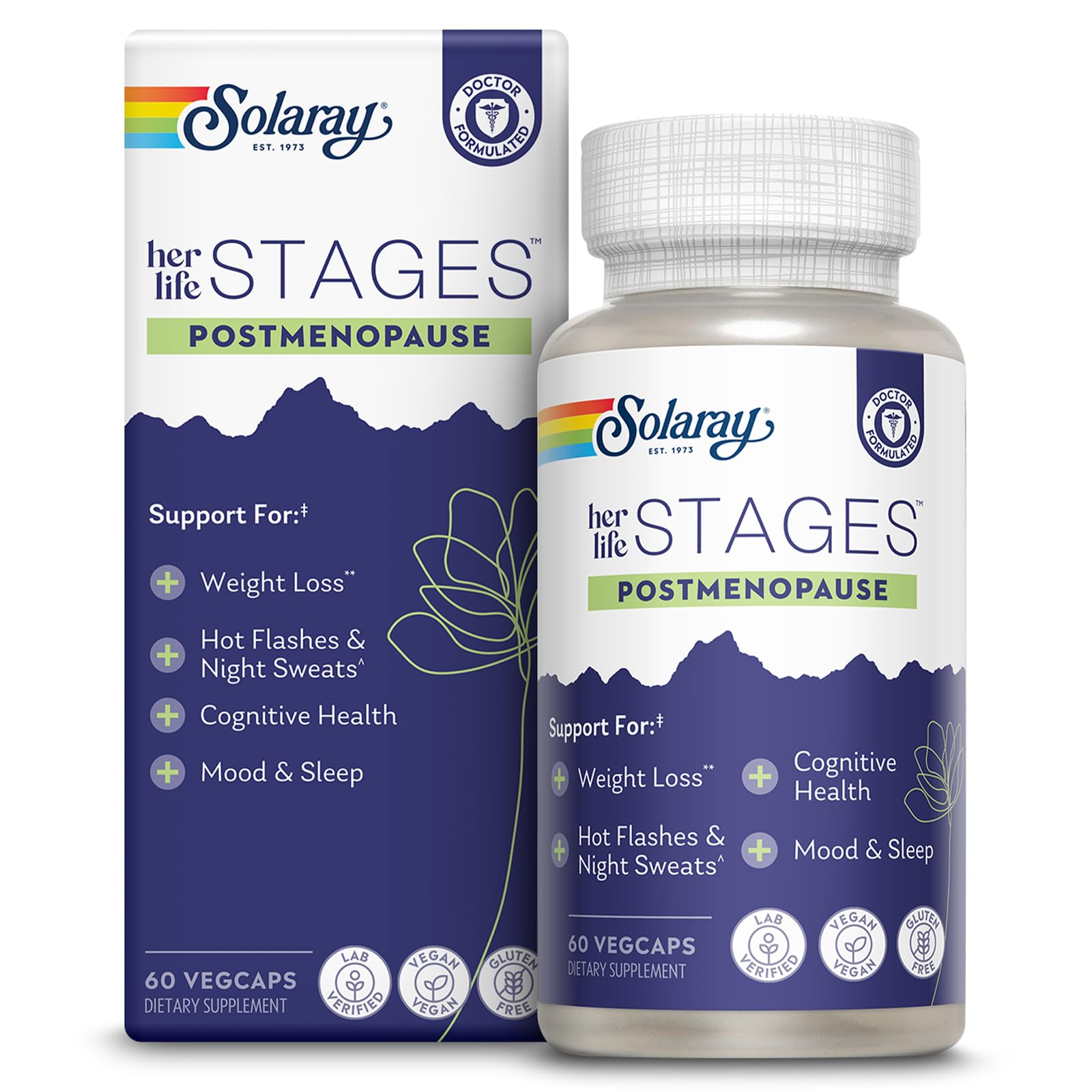 SOLARAY Postmenopause Life Stages saffron capsules aid hot flashes and mood balance.