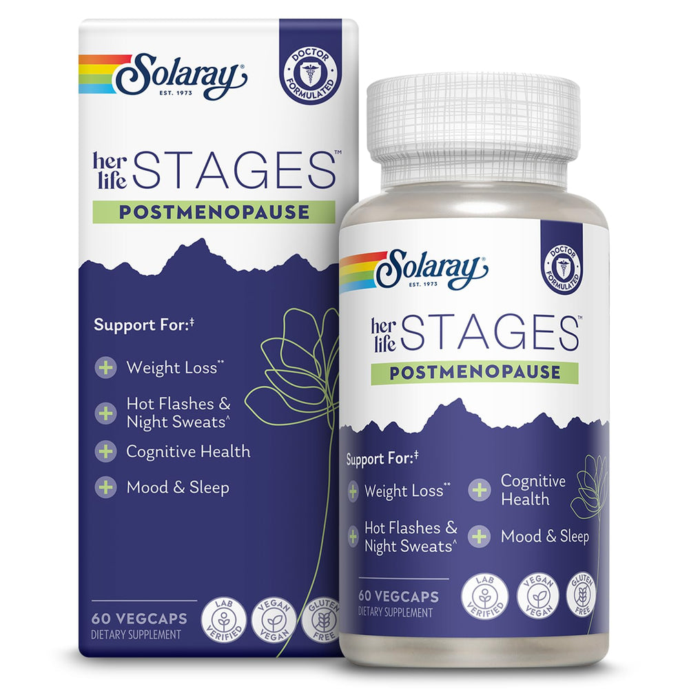 SOLARAY Postmenopause Life Stages saffron capsules aid hot flashes and mood balance.