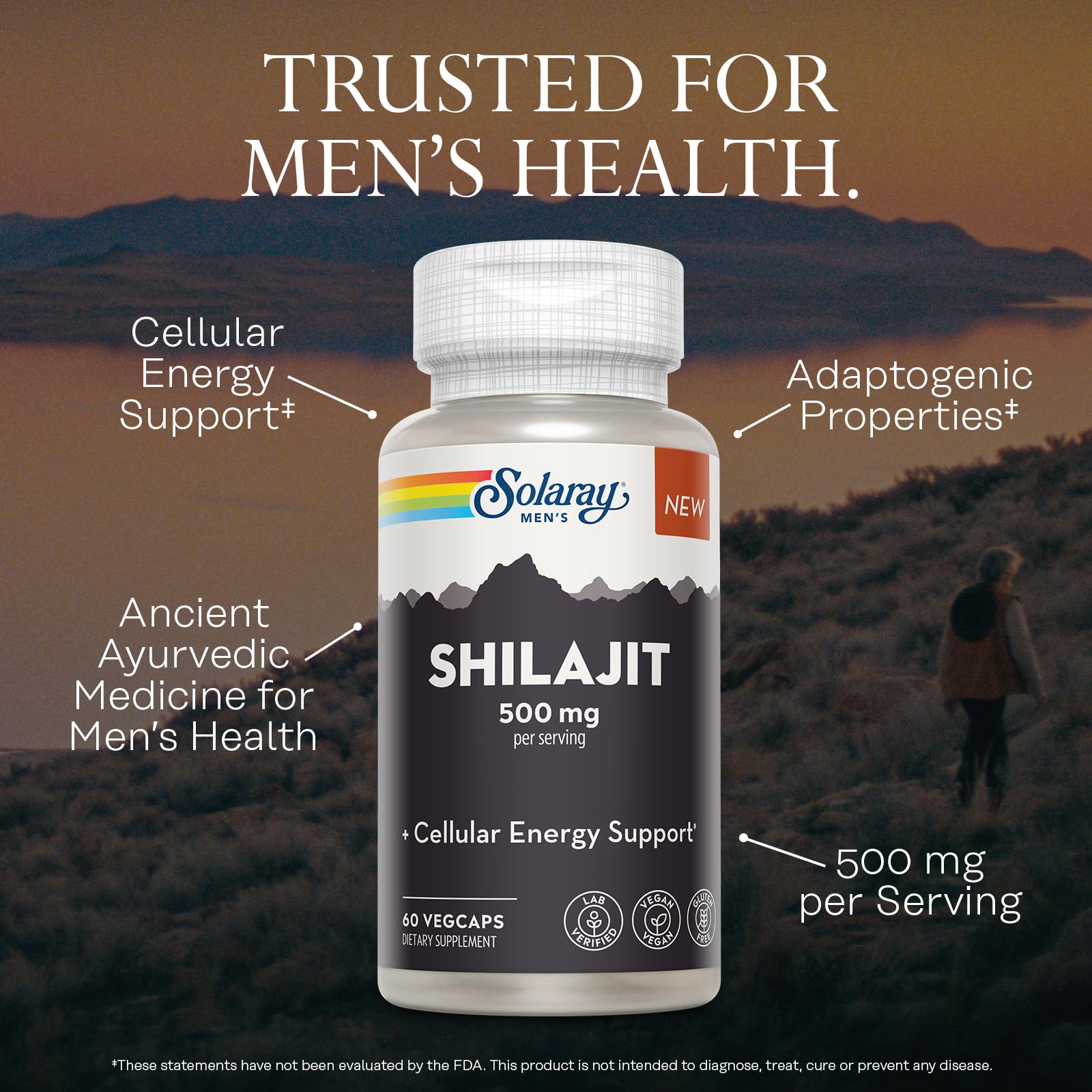 SOLARAY PrimaVie Himalayan Shilajit origin emphasizes high-altitude purity.