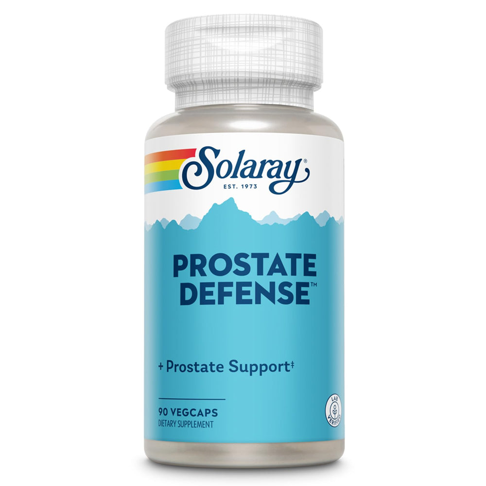 Solaray Prostate Defense bottle with capsules suggesting potential urinary support